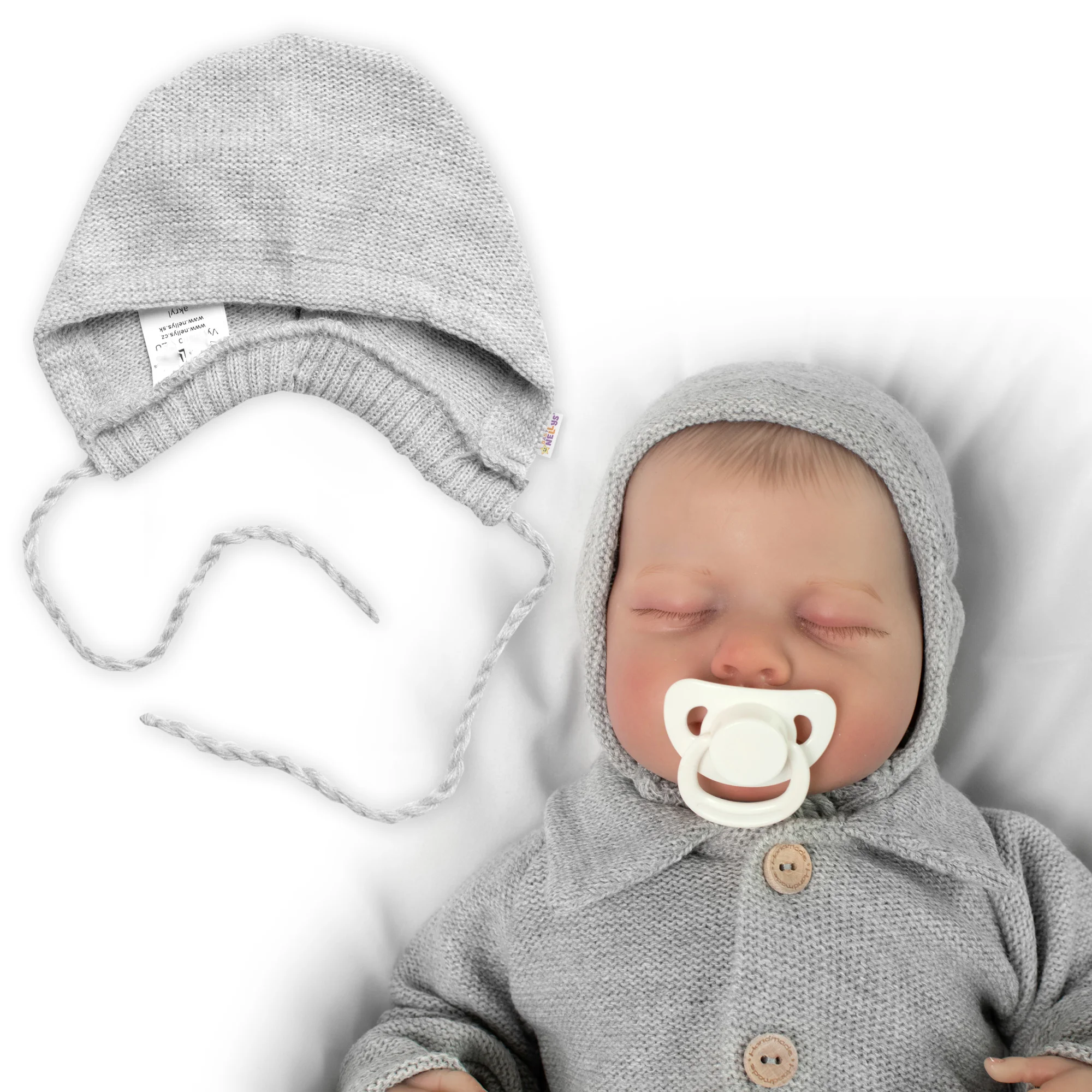 Pletená čiapočka na zaväzovanie bonetka Boy, Hand Made Baby Nellys, sivá, veľ. 68/74