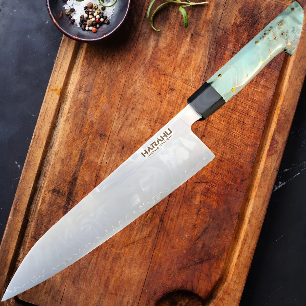 Damaškový kuchynský nôž s drevenou rukoväťou Big Chef/Zelená