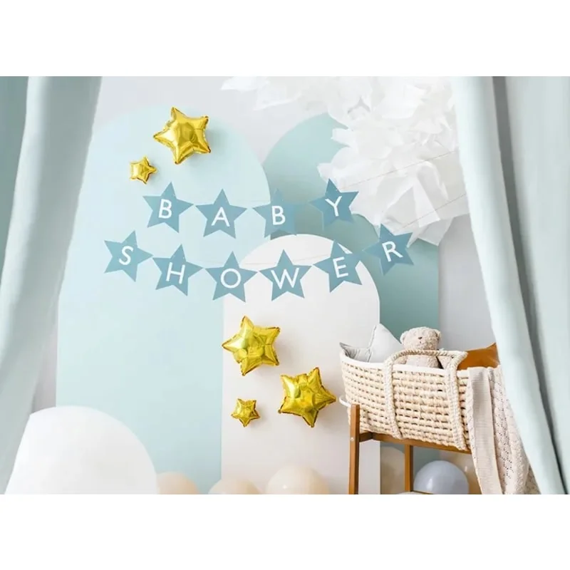 Baby shower banner svetlomodrý s hviezdičkami – 290×16,5 cm, nápis „Baby Shower“