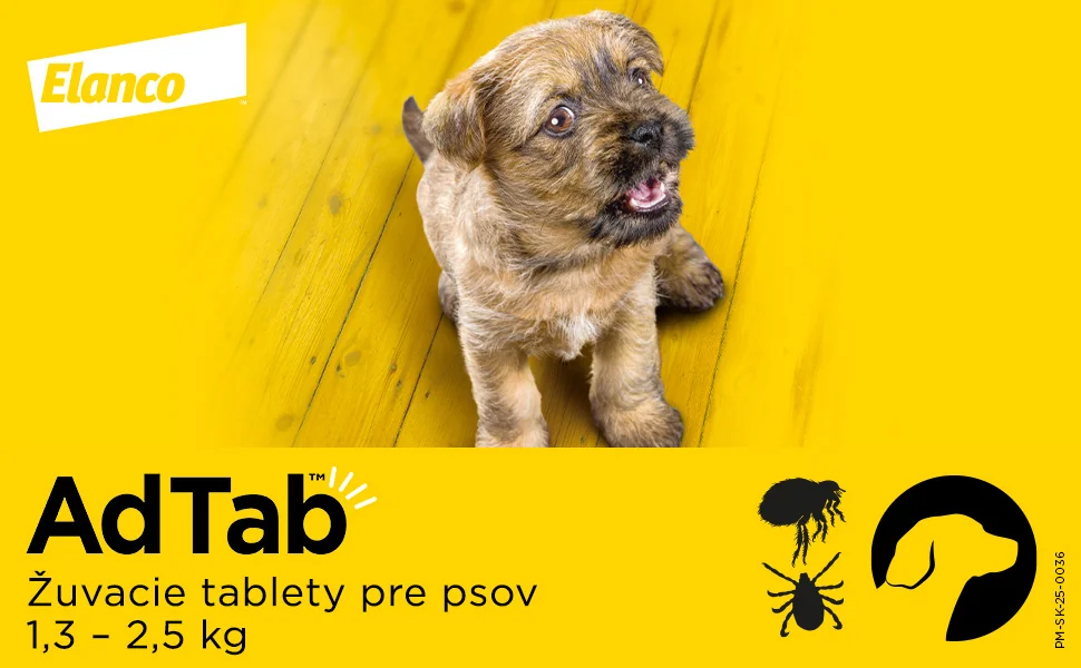 AdTab žuvacie tablety pre psy 56 mg, hmotnosť psa 1,3–2,5 kg 1 tbl