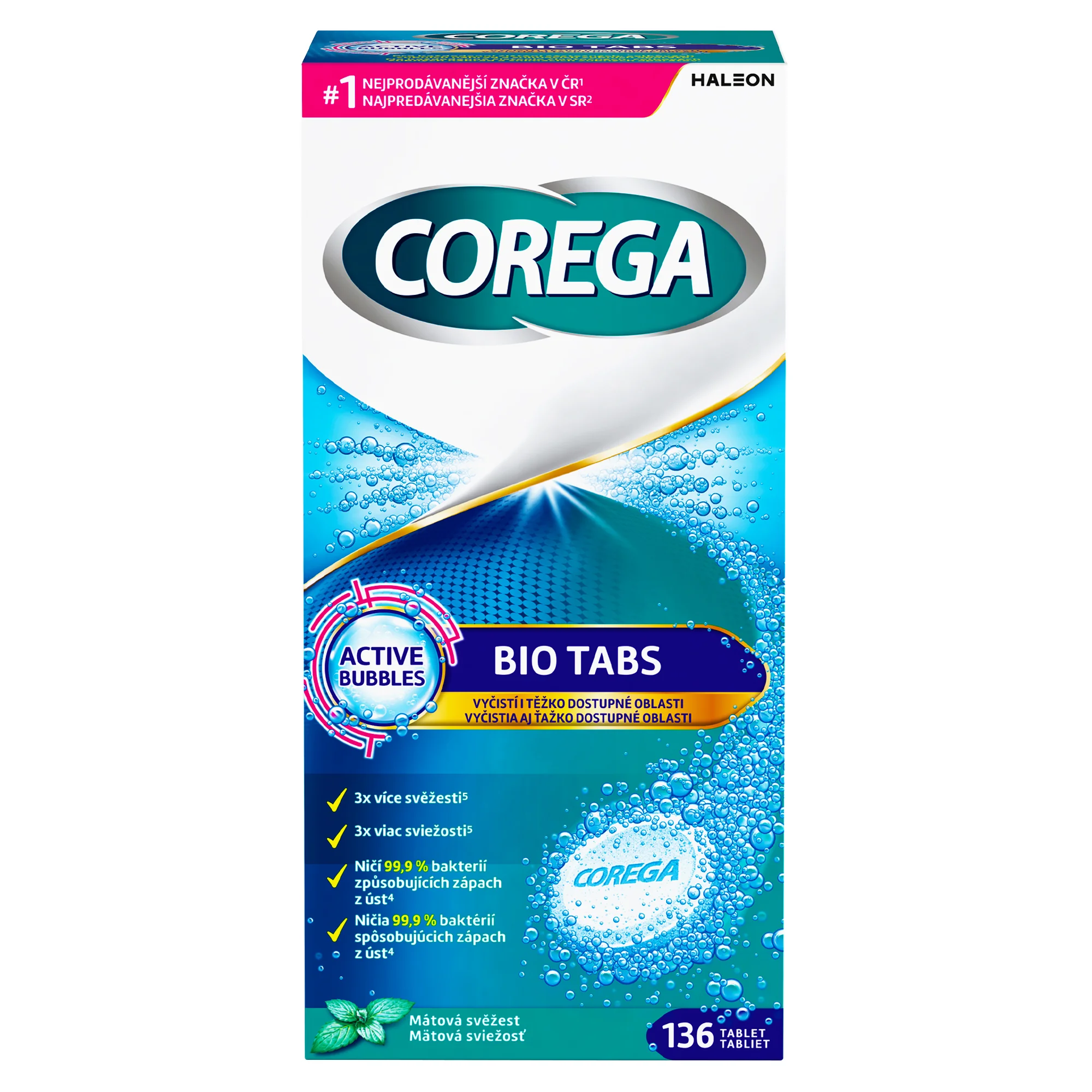 COREGA BIO Tabs 1x136 ks, čistiace tablety na zubné náhrady