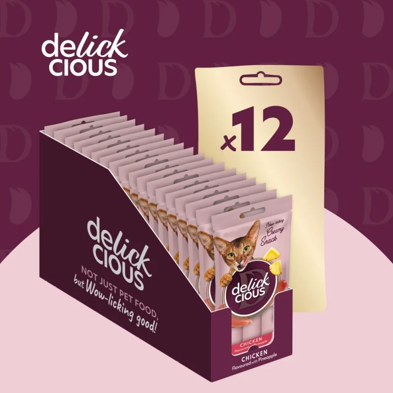 DELICKCIOUS™. Krémové pochúťky – kuracie mäso s ananásom. Pre mačky 4x15 g (1629)