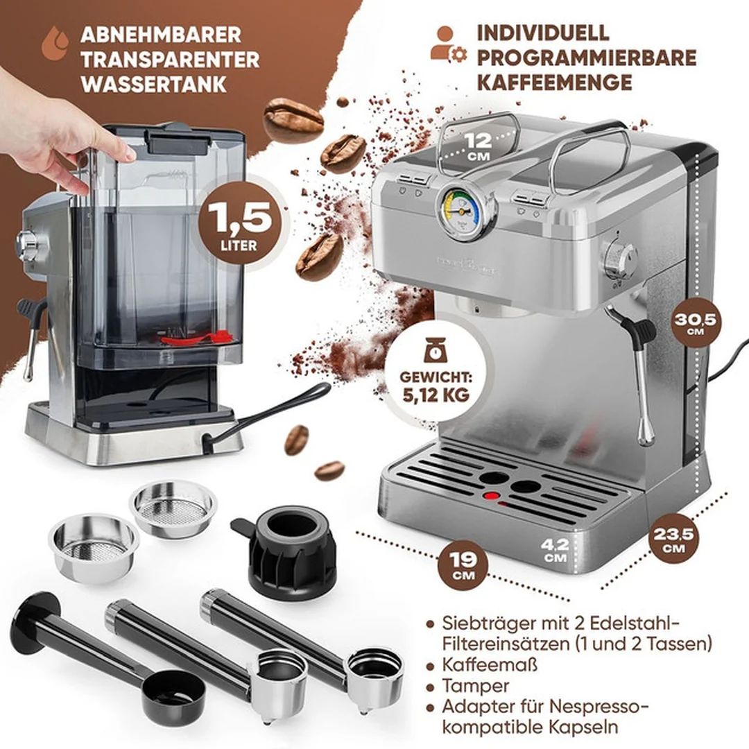 ProfiCook ES-KA 1267 pákový espresso kávovar 2v1, 20 bar, Nespresso kapsule