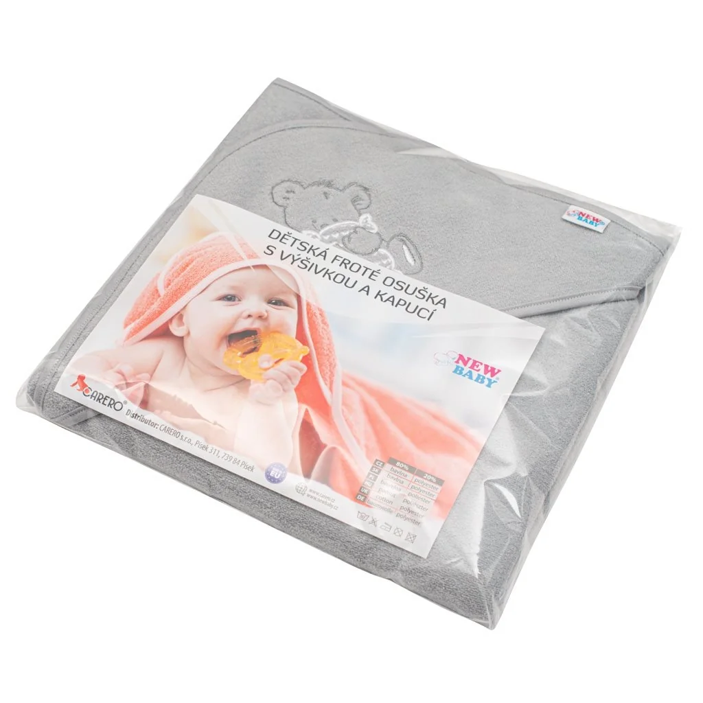 Detská froté osuška s výšivkou a kapuckou New Baby 80x80 sivá