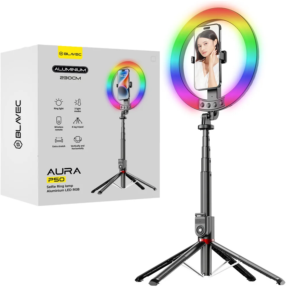 Blavec Aura Pro RGB Selfie kruhové LED svetlo + statív 2.3m, čierne