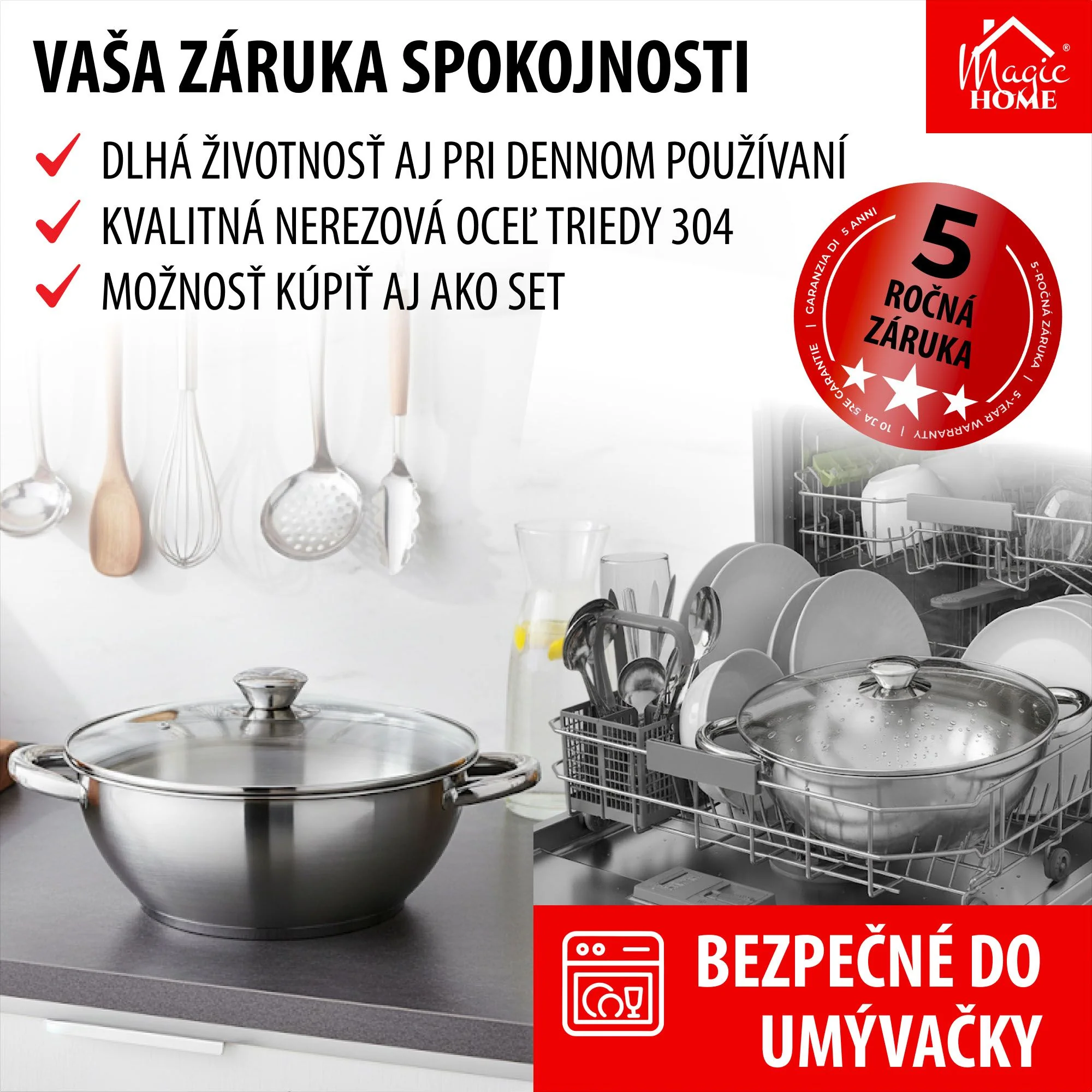 MagicHome hrniec Wok Chloe, 1 ks 26 cm, 5 l, so sklenenou pokrievkou, nerez