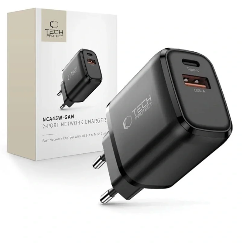 Tech-Protect NCA45W GaN sieťová nabíjačka USB / USB-C 45W PD QC, čierna a