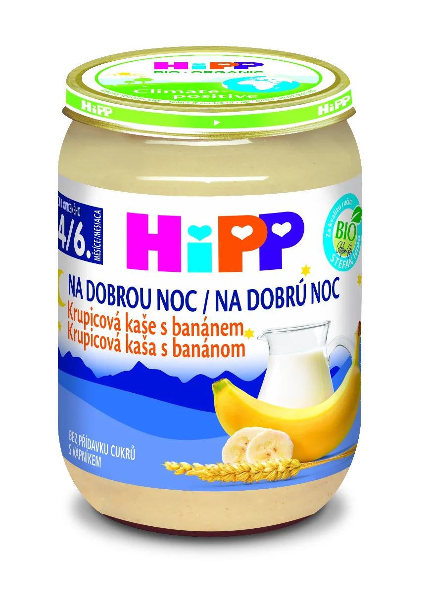 HiPP BIO KAŠA Dobrú noc Krupicová s banánom 1×190 g, kaša pre deti