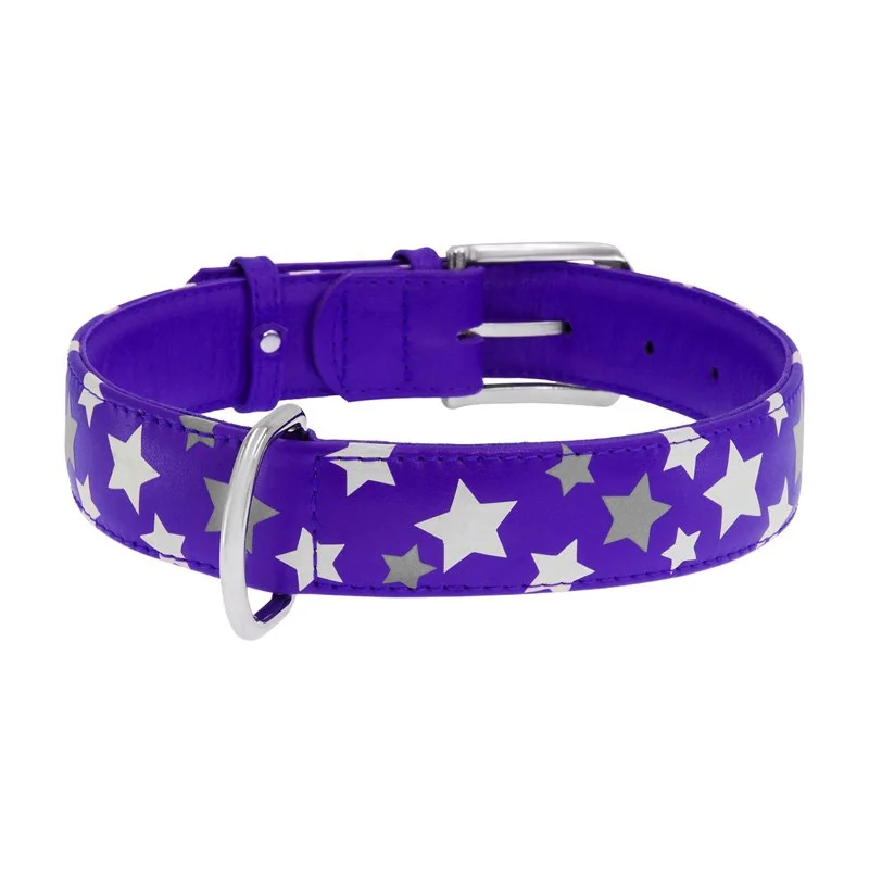 Plochý kožený obojok s hviezdičkami fialový svietiaci, Obvod krku: 21-29 cm, širka: 12 mm