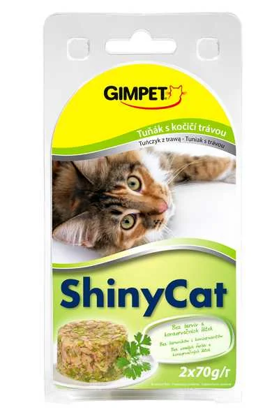 Shiny Cat konzerva Tuniak+Mac Trava 2×70g 2×70g