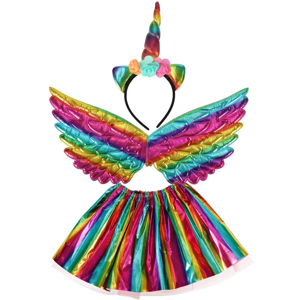 Detský kostým jednorožec – sukňa, krídla a čelenka s rohom, multicolor