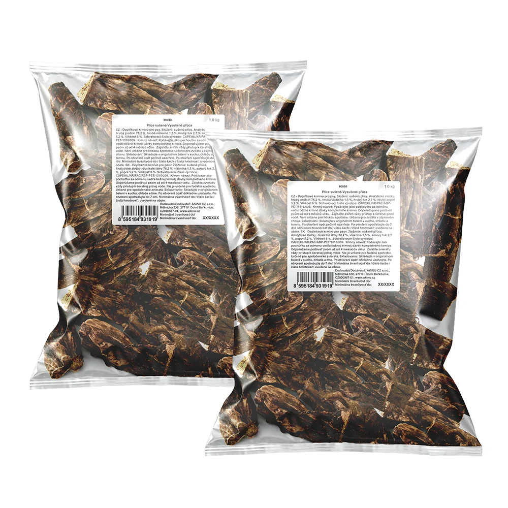 Suroviny - Akinu Sušená pľúcna pochúťka pre psy 6-10 cm 2 x 1 kg