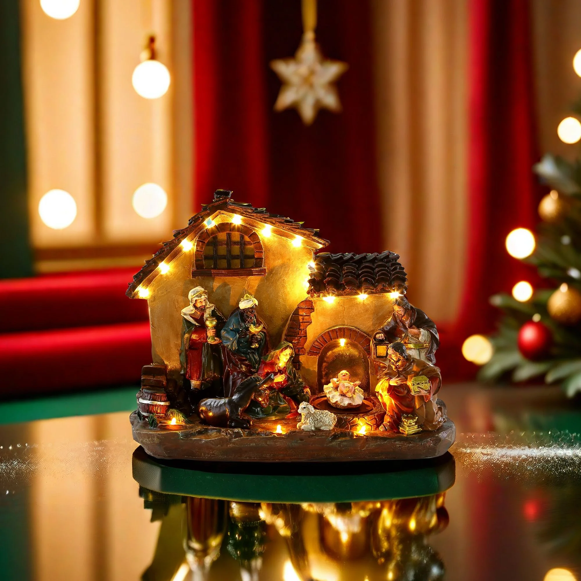 MagicHome vianočný LED domček s betlehemom, 1 ks Polyresin, 17 LED teplá biela, 29x14x24 cm, 3xAA