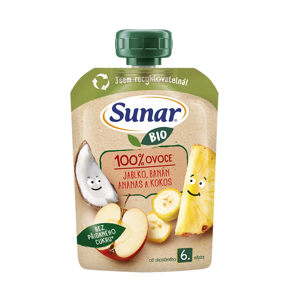 Sunar BIO ovocná kapsička Jablko, banán, ananás, kokos, 6m+ 100 g