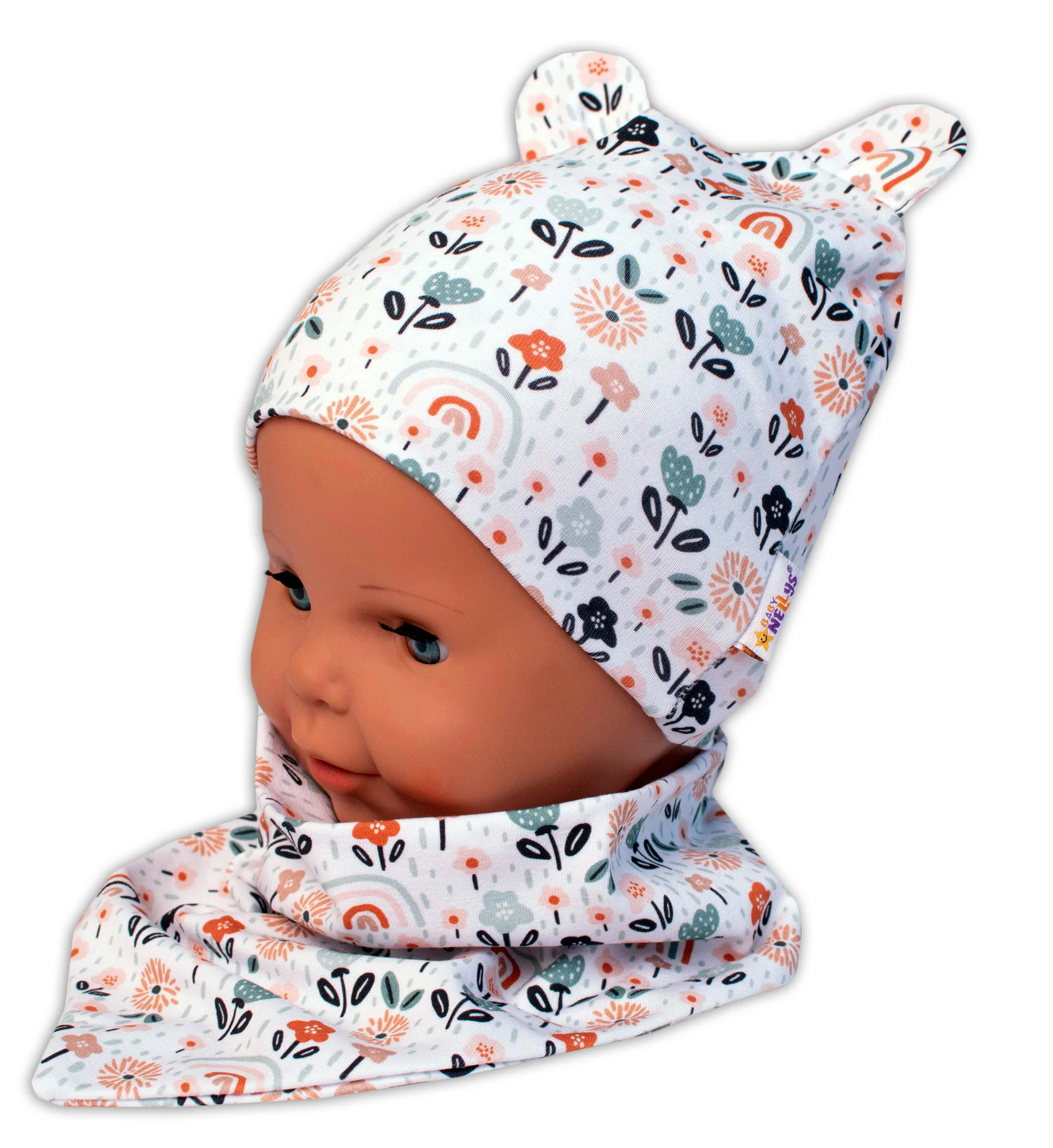 Baby Nellys Dvojvrstvová čiapka s uškami + šatka Palouček, smatanová