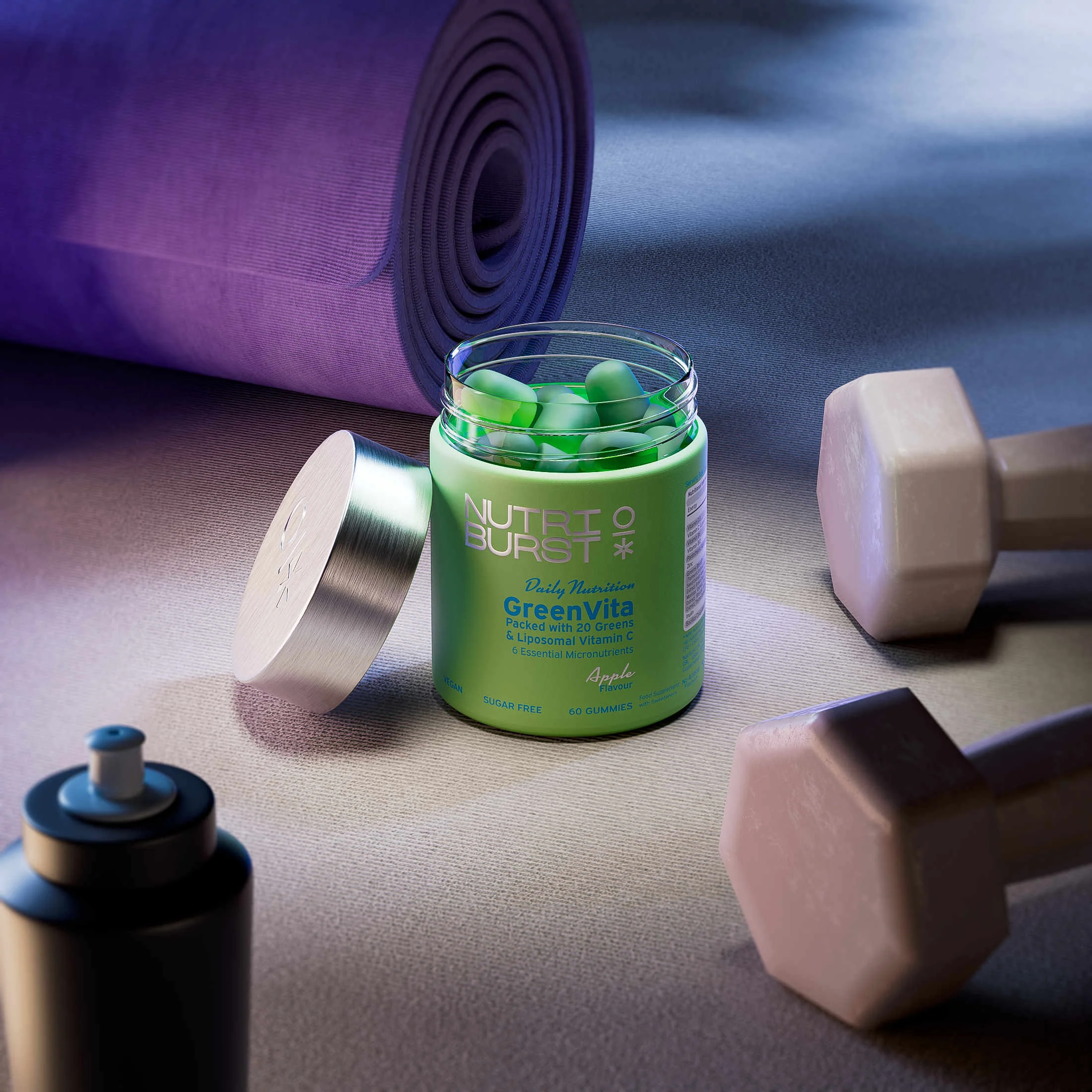 Nutriburst GreenVita gummies s vitamínmi C, D3, zinkom a superpotravinami, príchuť jablko 60 ks