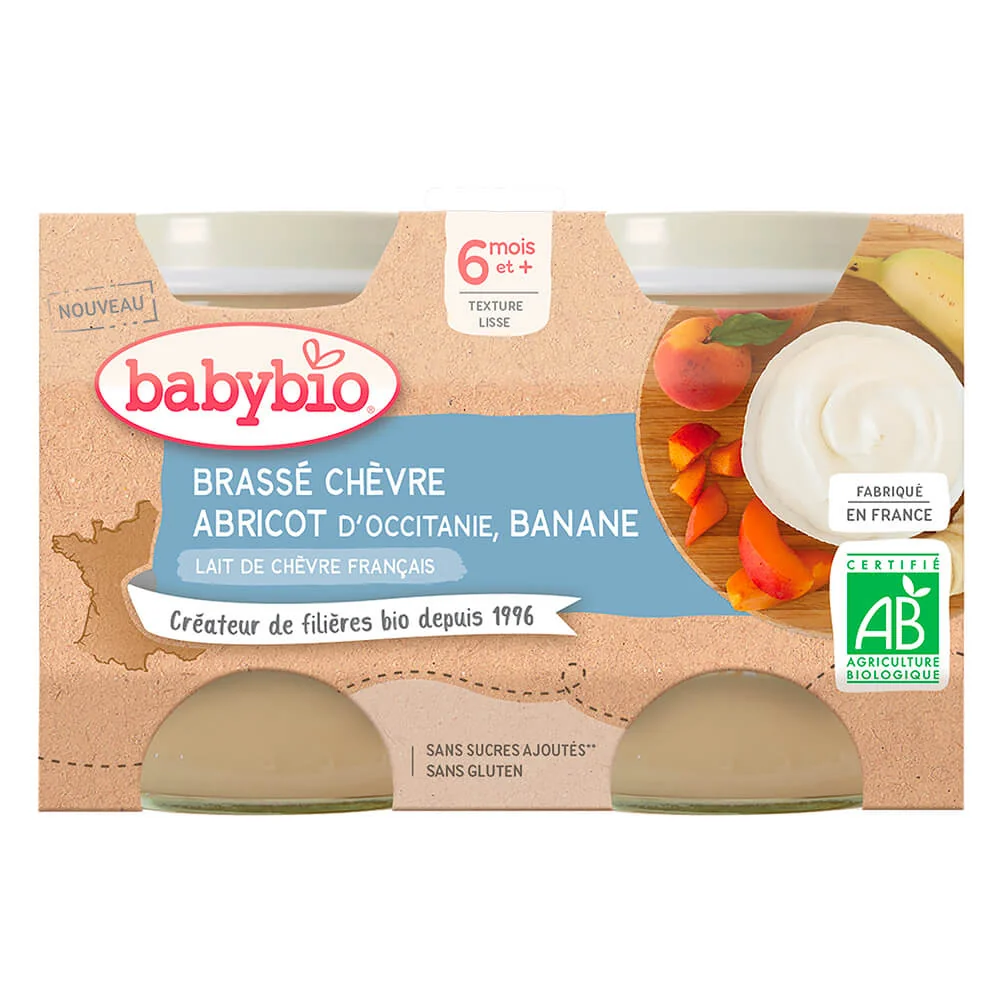 BABYBIO Brassé z kozieho mlieka marhuľa banán 2x130 g 2×130 g, mliečny príkrm od 6 mesiacov