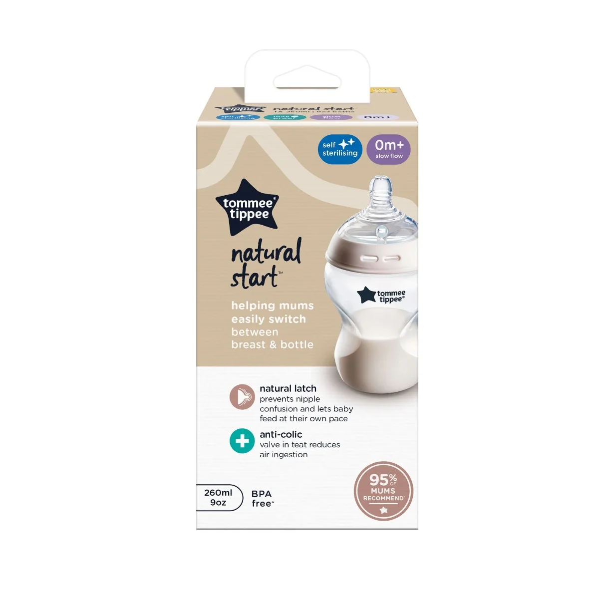Tommee Tippee Samosterilizačná Dojčenská Fľaša s ANTI-COLIC cumlíkom 1×2 ks, dojčenská fľaša