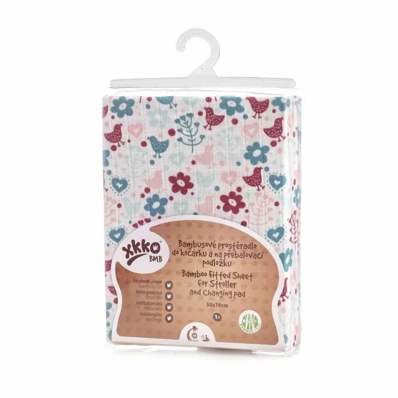 XKKO BMB bambusové prestieradlo s gumou do kočíka 50×70 Flowers & Birds