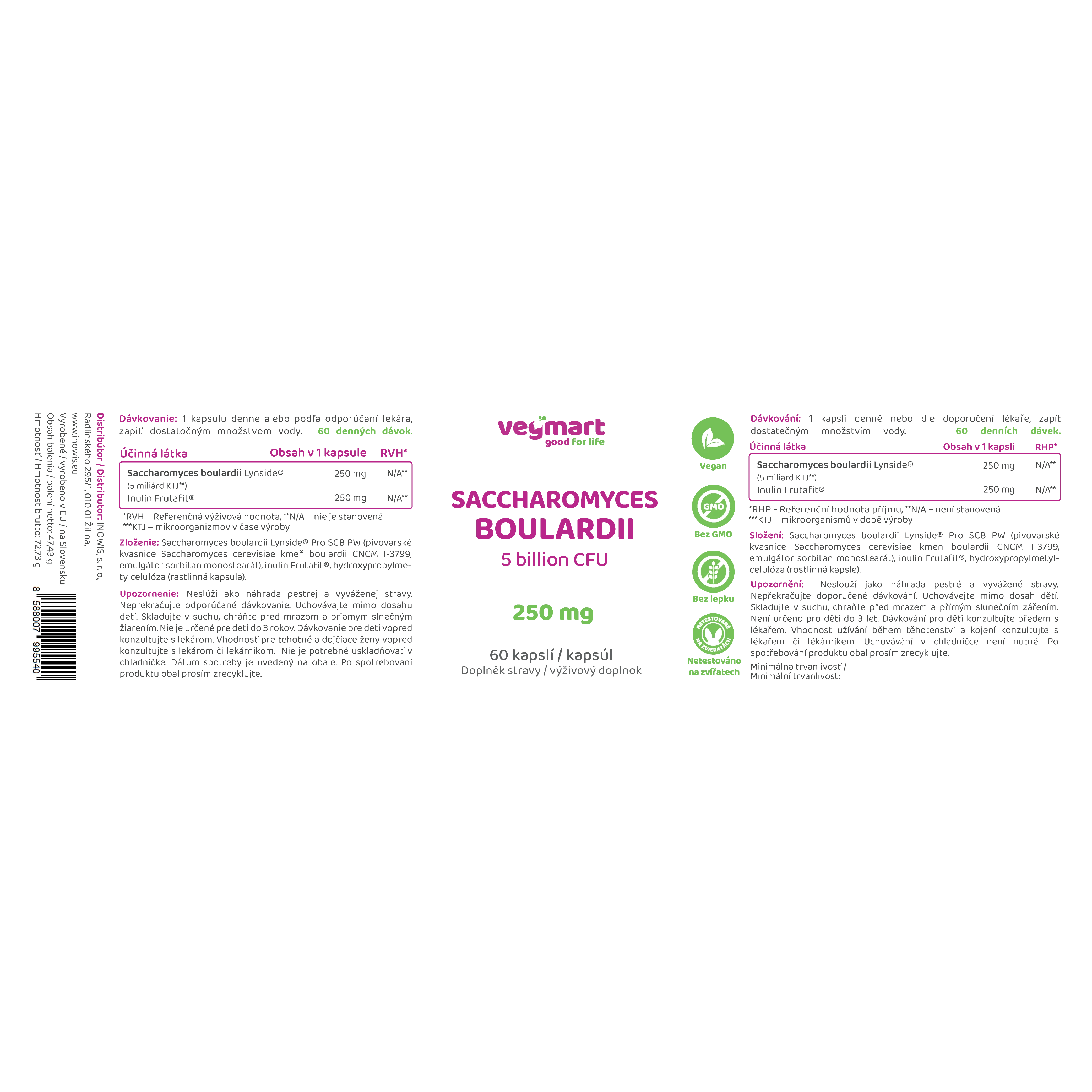 Vegmart Saccharomyces Boulardii 250 mg, 60 kapsúl