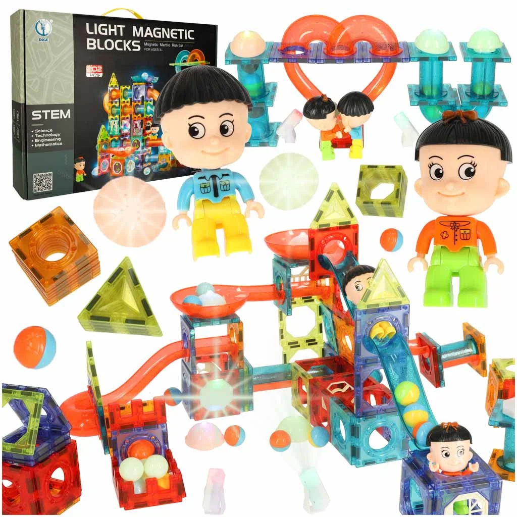 Magnetické stavebnice – svetelný MARBLE RUN, 202 dielov