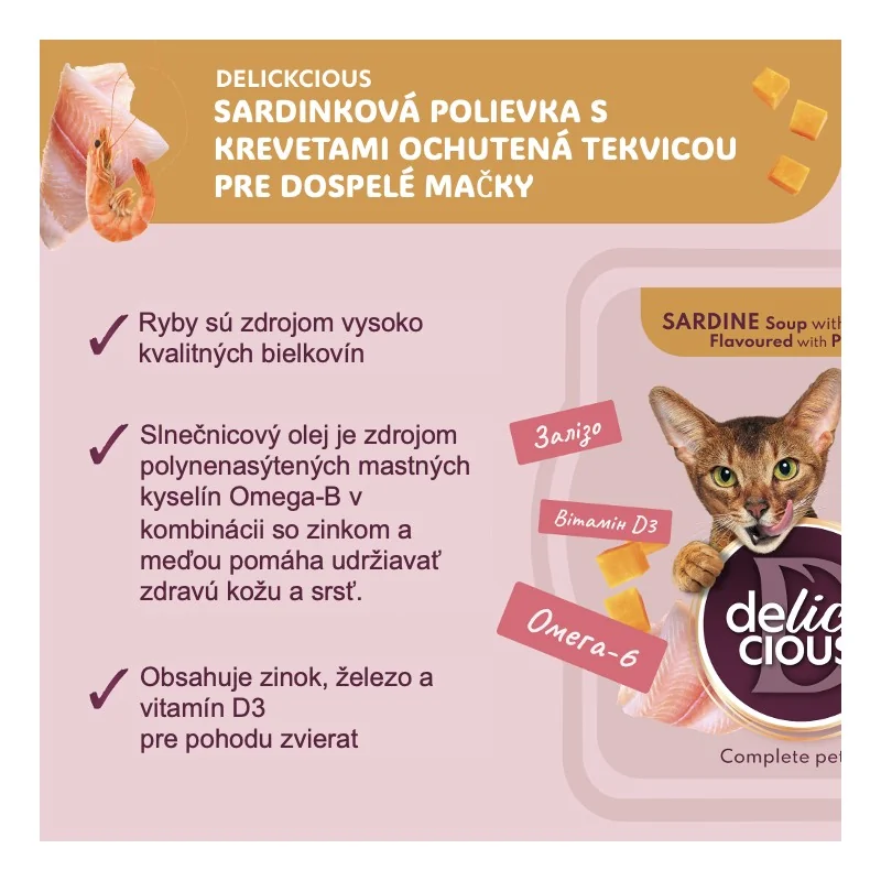 DELICKCIOUS™ slepačia polievka s paradajkami ochutená špenátom. Pre dospelé mačky 80 g (1551)
