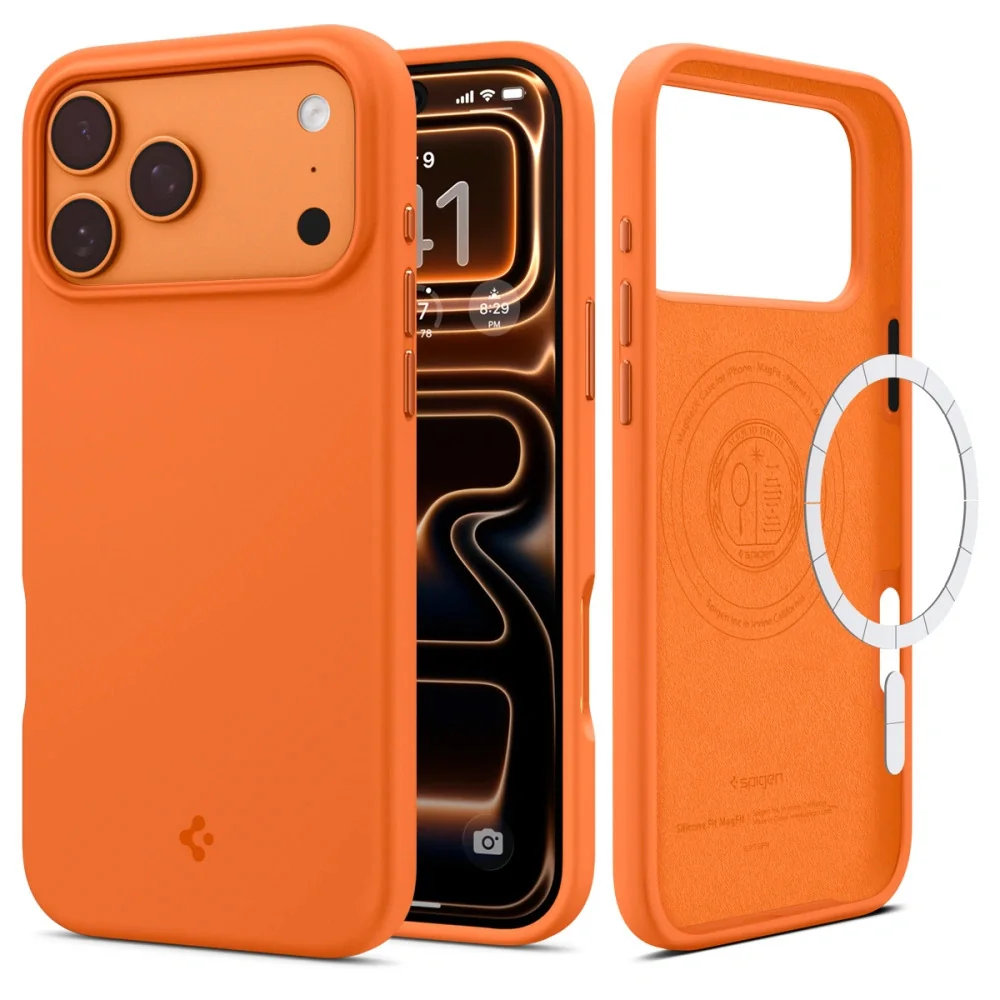 Spigen Silicone Fit MagSafe kryt na iPhone 17 Pro Max, oranžový