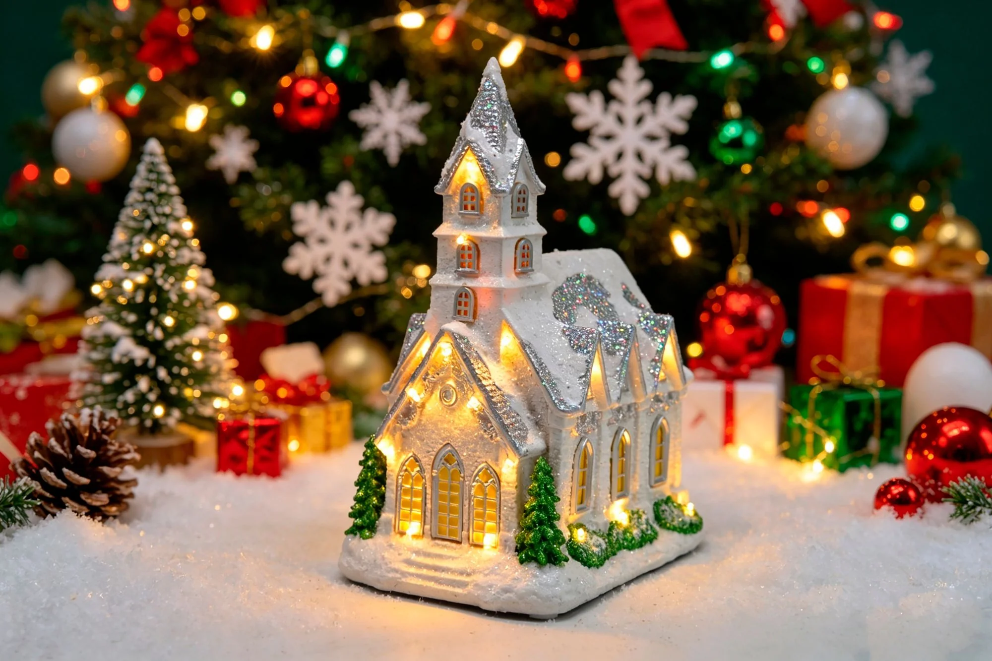MagicHome vianočný LED kostol, 1 ks 22 LED teplá biela, 3xAA, 21x16x29 cm