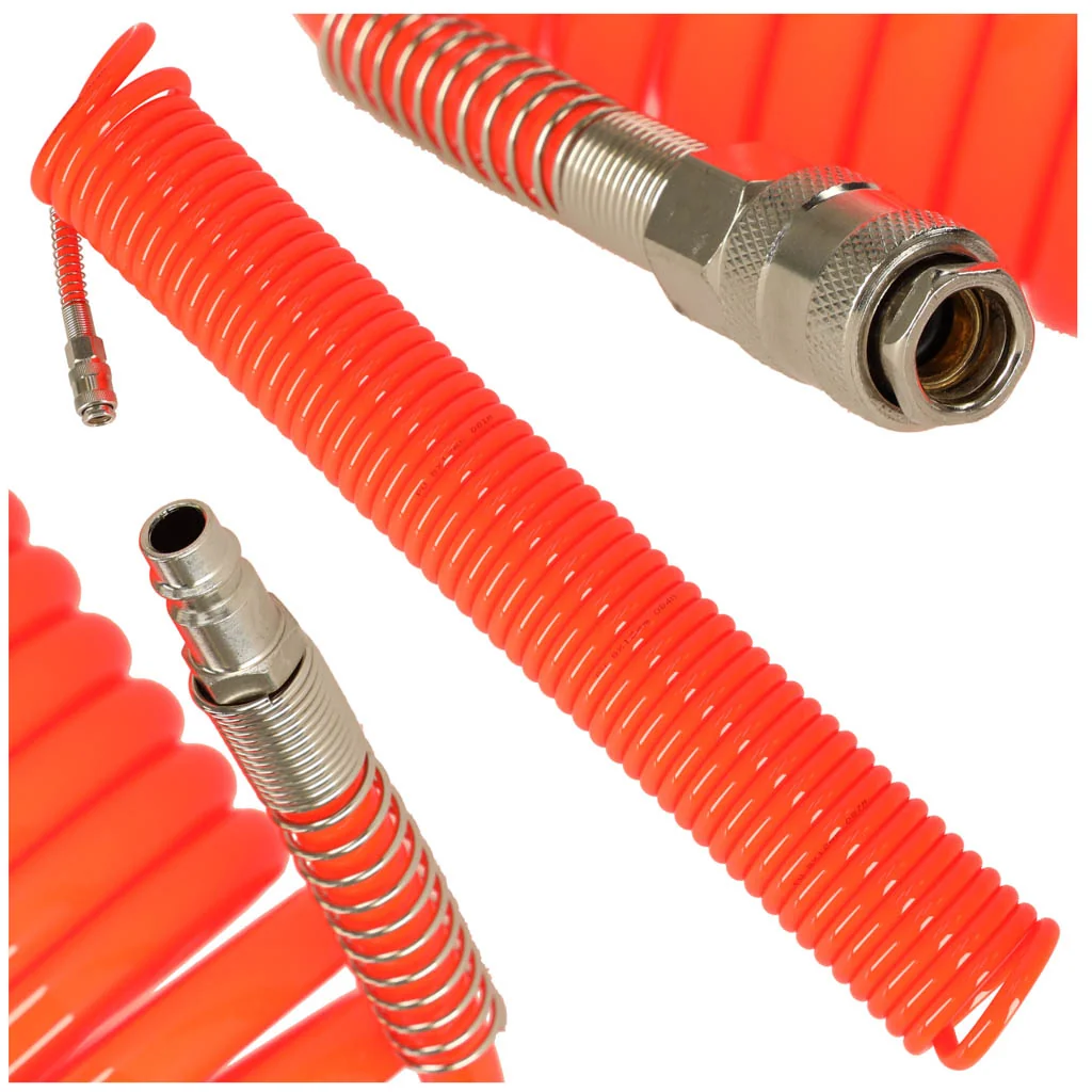 Špirálová pneumatická hadica 12 mm × 15 m – PU, rýchlospojky