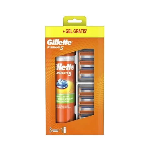 GILLETTE FUSION 8 NH + GEL NA HOLENIE 1×1, set, 8 náhradných hlavíc + gél 200 ml