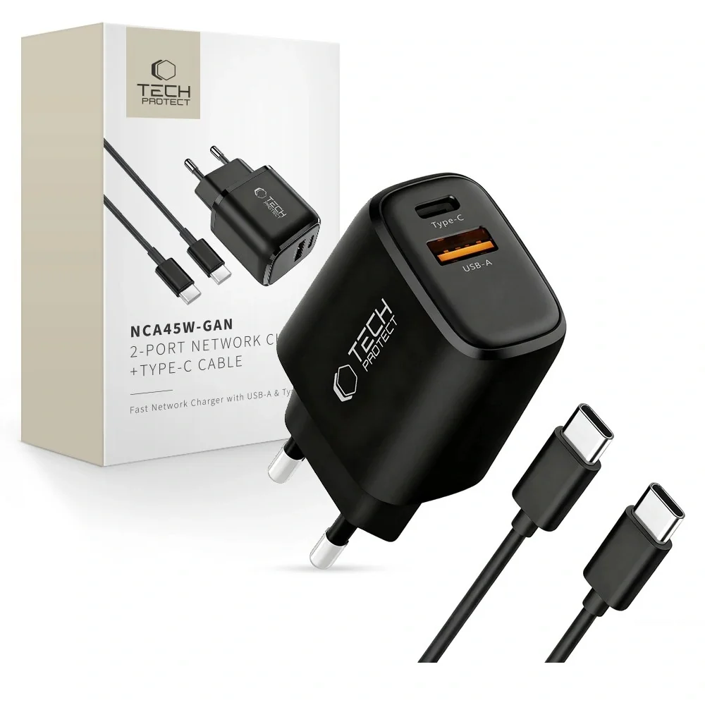 Tech-Protect NCA45W GaN sieťová nabíjačka USB / USB-C 45W PD QC + kábel USB-C, čierna l USB-C, čierna