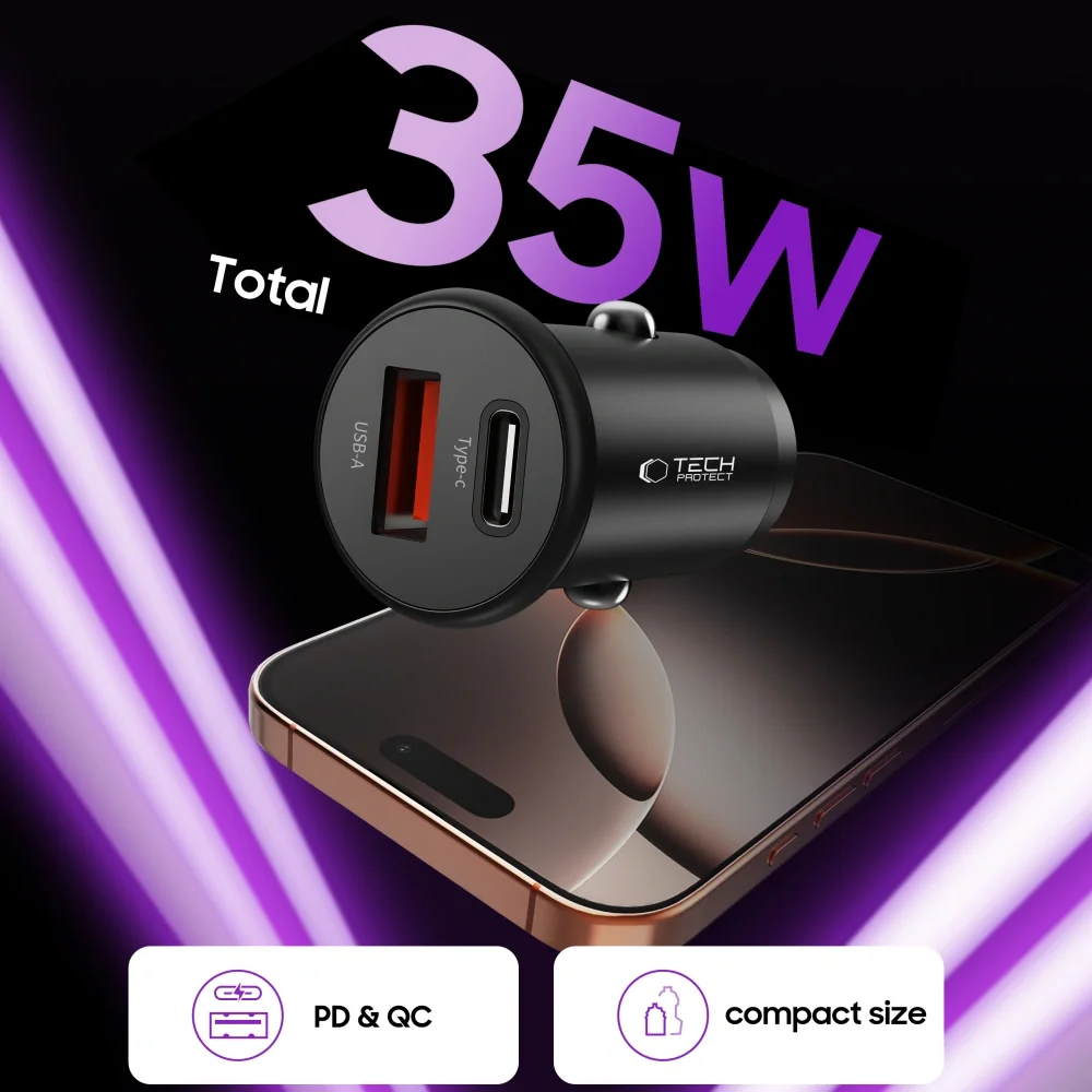 Tech-Protect CC02 autonabíjačka USB / USB-C 35W PD QC, čierna