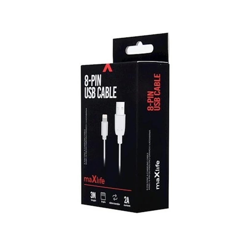 Maxlife Nabíjací kábel 8-PIN iPhone / iPad / iPod Fast Charge cable 2A 3m, biely