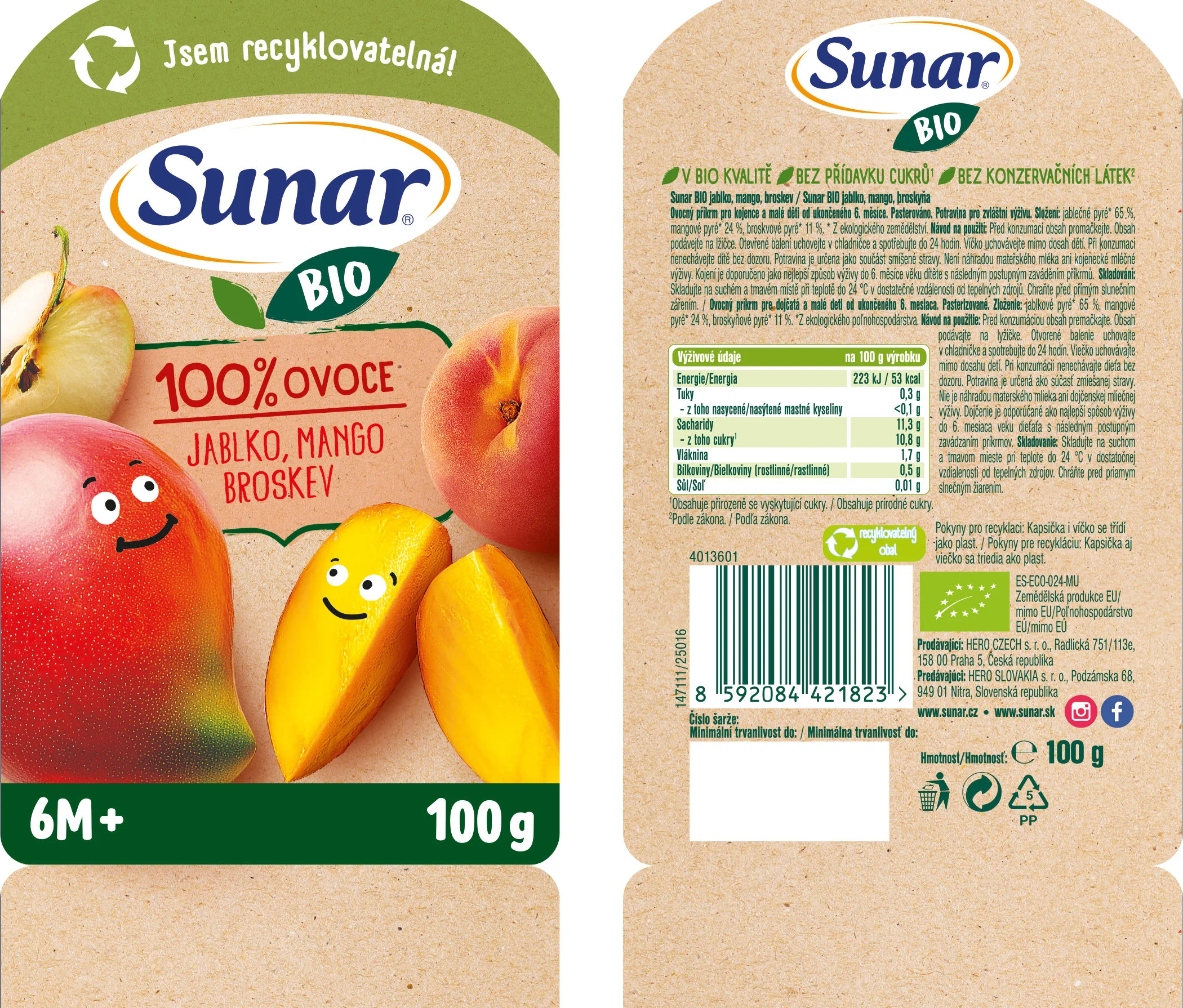 Sunar BIO ovocná kapsička Jablko, mango, broskyňa, 6m+ 100 g