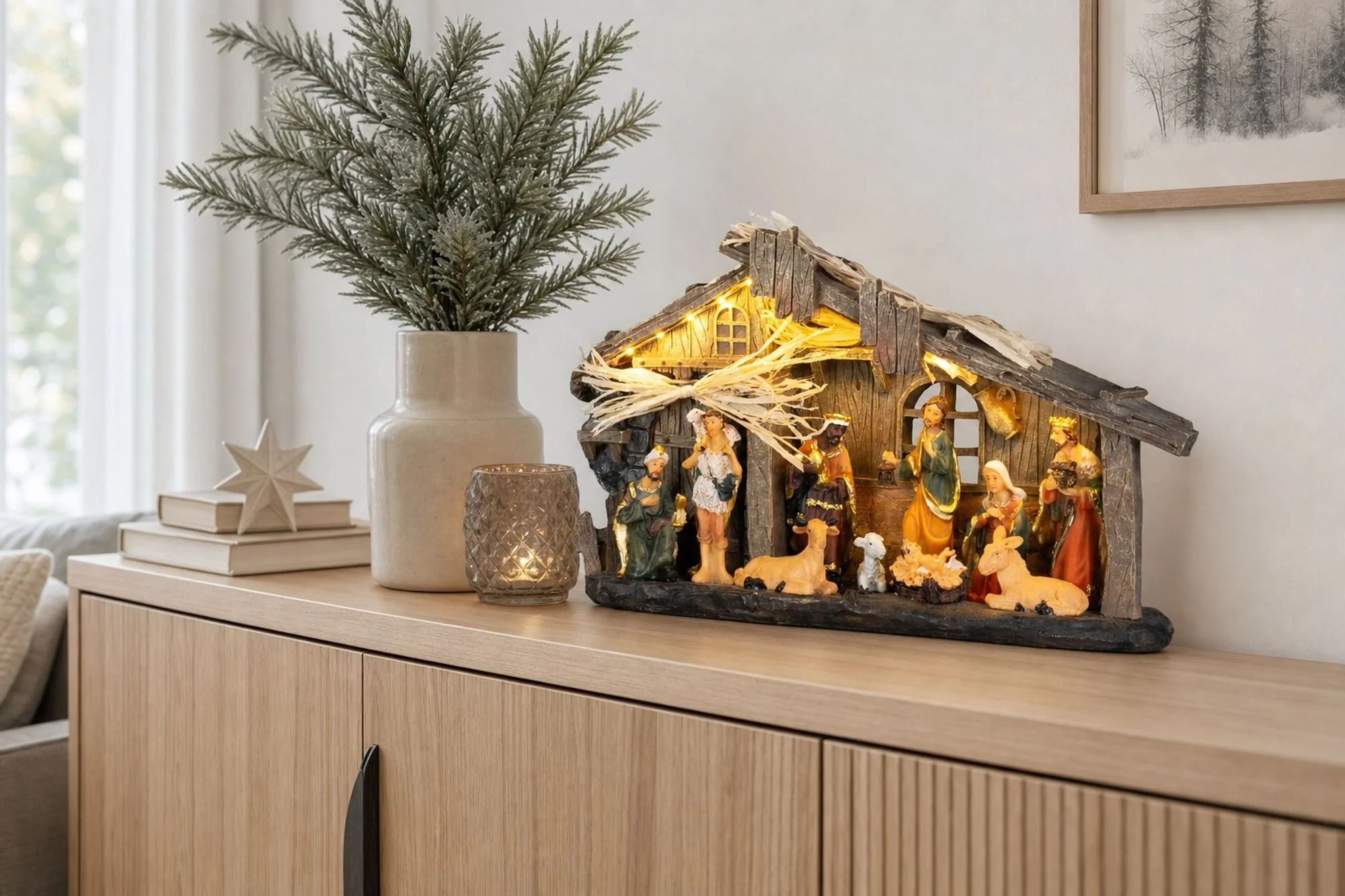 MagicHome vianočný LED betlehem, 1 ks Polyresin, 15 LED teplá biela, 31x8xH17,5 cm, 2xAAA