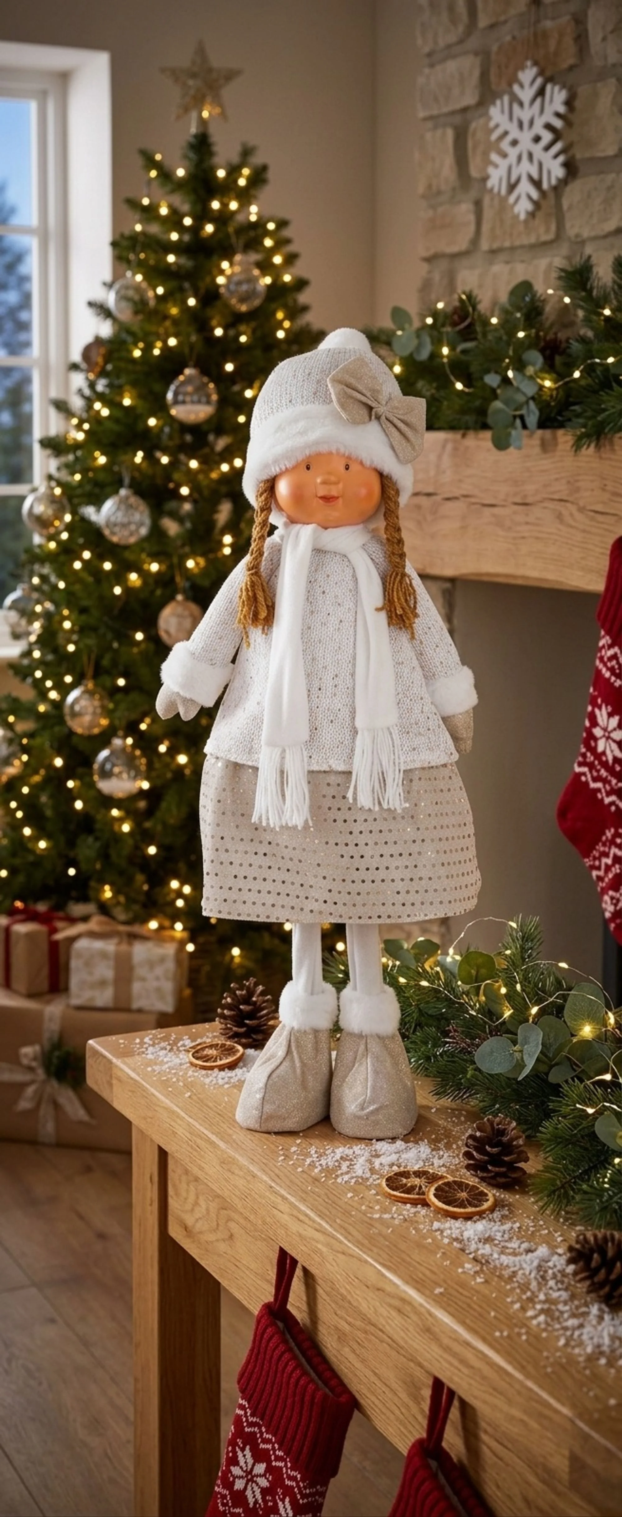 MagicHome vianočná postavička dievčatko v bielej čiapke, 1 ks Bielo-zlaté, látkové, 30x19x79 cm