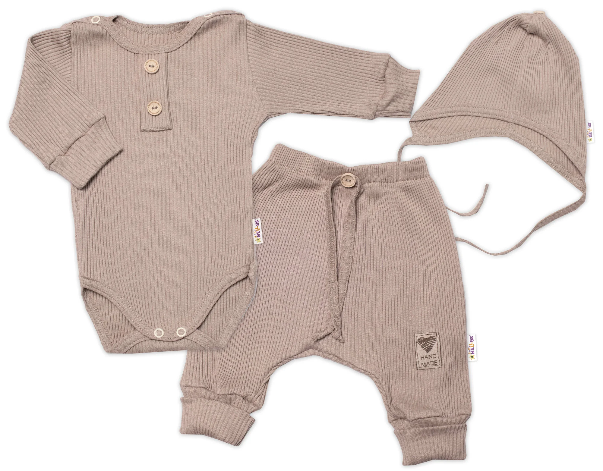 Baby Nellys 3-dielna rebrovaná súpr. Hand Made, body, tepláčiky a čiapočka, béžová