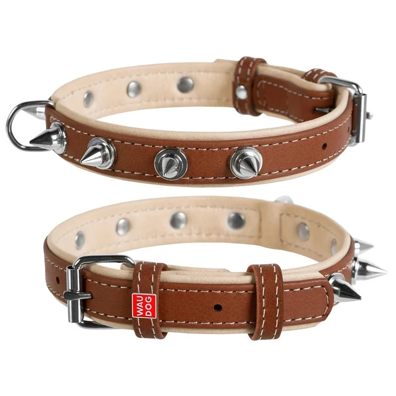 Plochý kožený obojok Soft s ostňami hnedo béžový, Obvod krku: dĺžka: 46 - 60 cm, širka: 35 mm