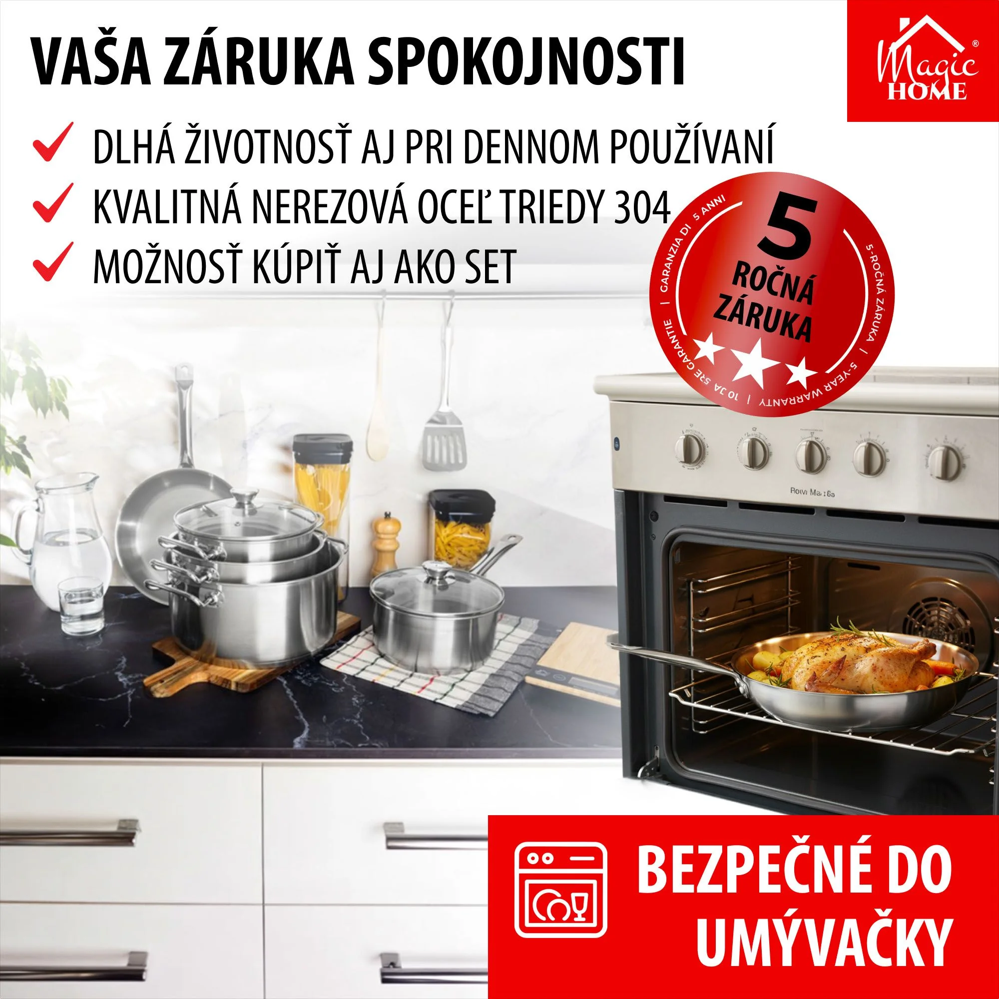 MagicHome sada riadu Chloe, 9 dielov Nerez, panvica 24 cm, 3 kastróly 3/4/6,6 l, rajnica 2 l, sklenené pokrievky
