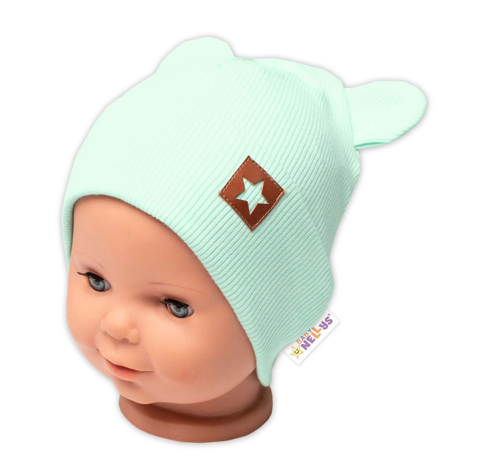 Baby Nellys Rebrovaná dvojvrstvová čiapka s uškami TEDDY - mätová 