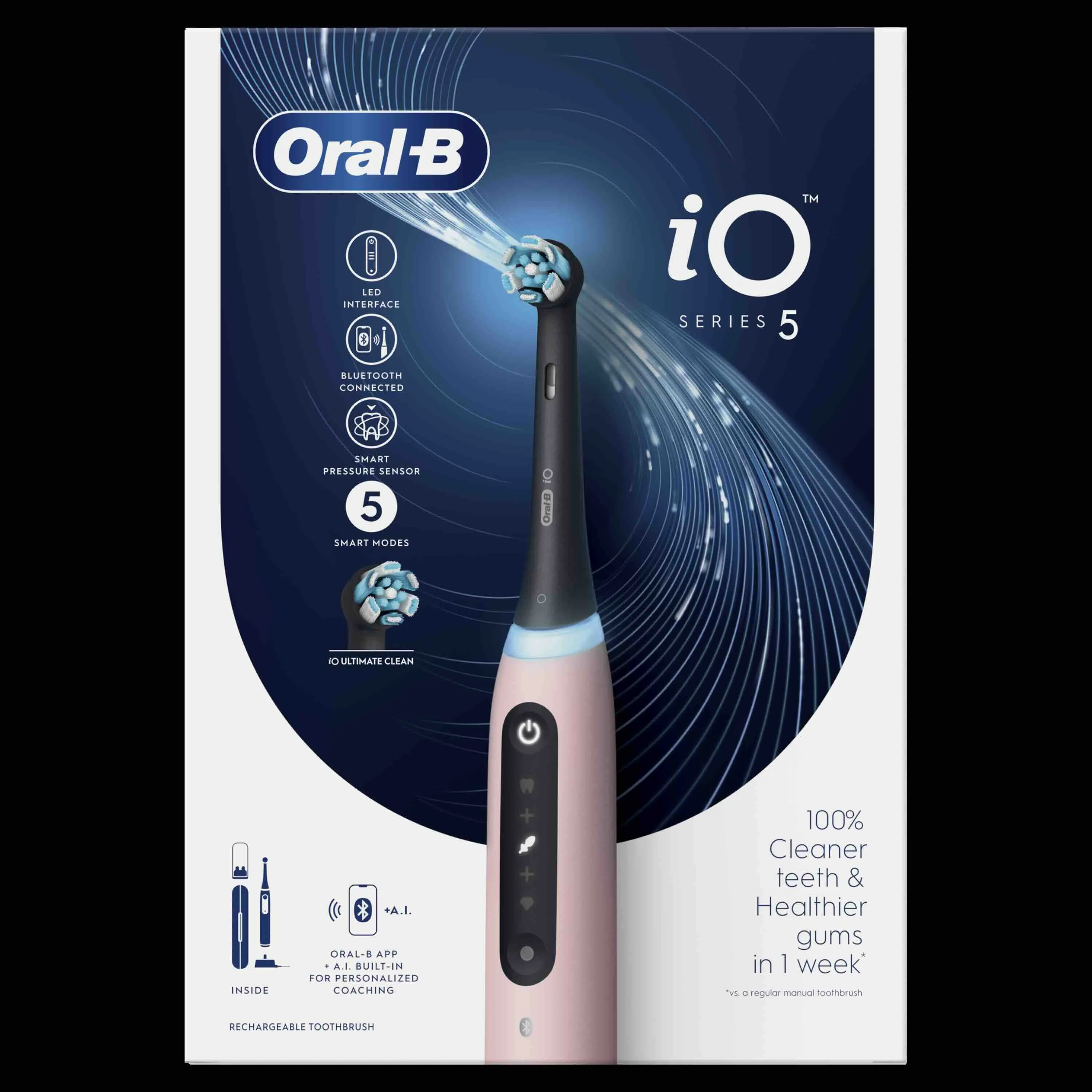 Oral B EK iO Series 5 Pink + držiak zubnej kefky + cestovné púzdro 1×1 set, elektroniícká zubná kefka