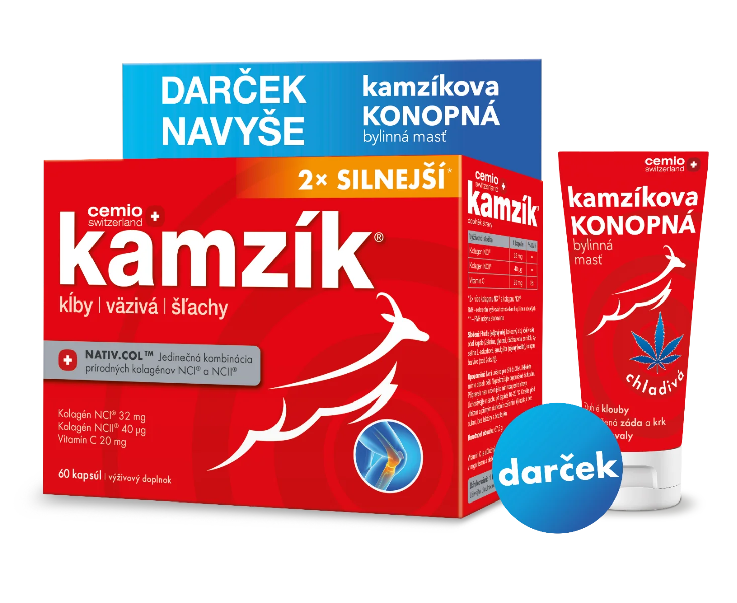 Cemio Kamzík cps. 60 + chladivá masť 75 ml 1×1 set, prírodný kolagén