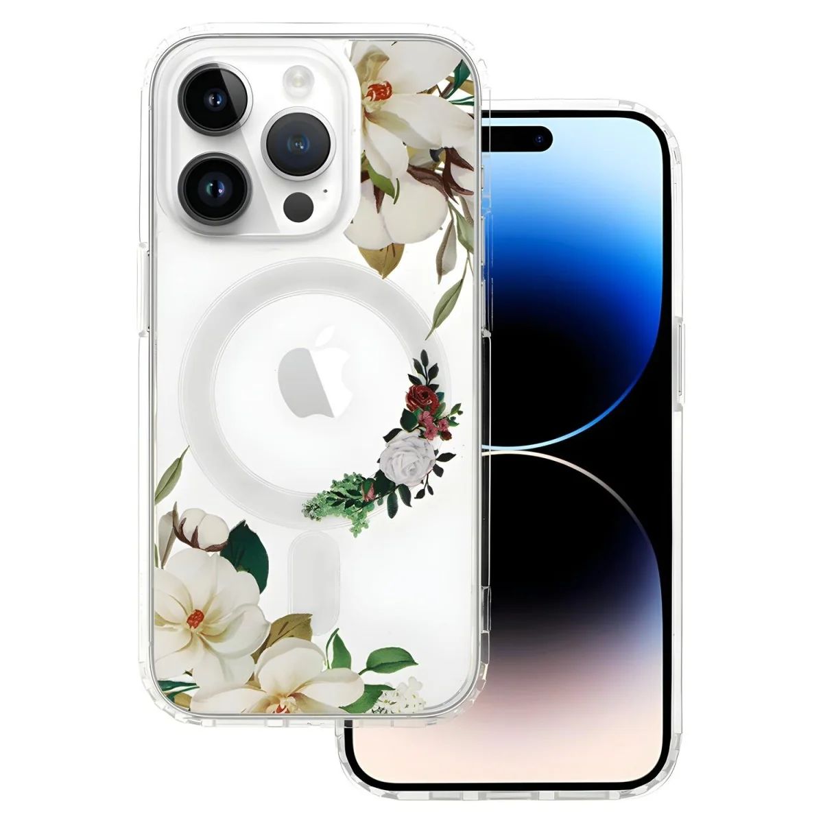 Priehľadné puzdro s kvetinovým vzorom pre iPhone 15 1 x 1 ks, MagSafe kompatibilné