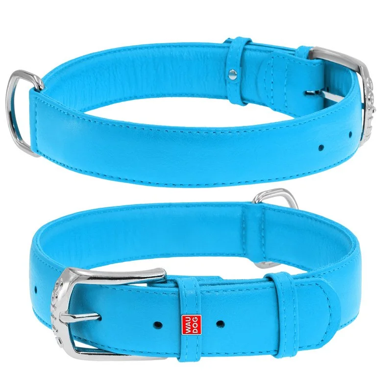 Plochý kožený obojok modrej farby, Obvod krku: 18-21 cm, širka: 9 mm