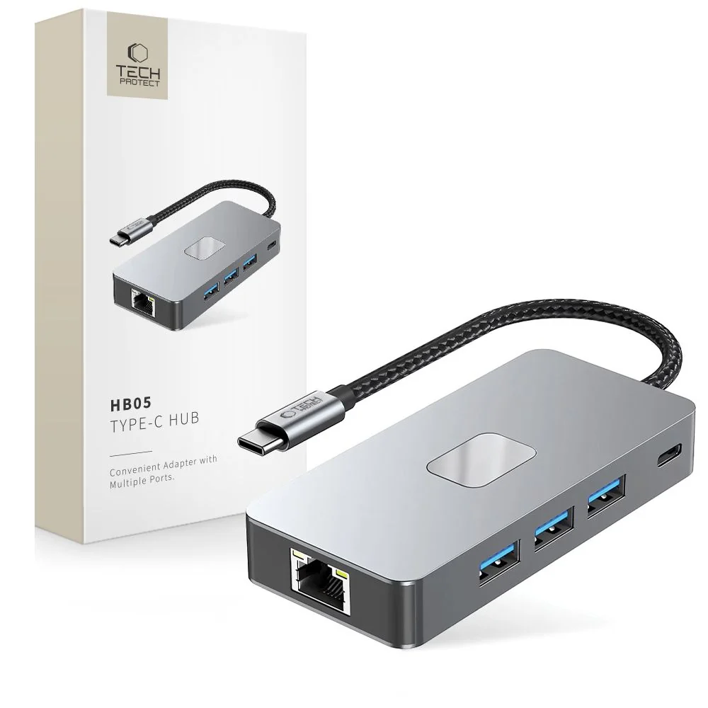 Tech-Protect HB05 HUB adaptér USB-C - 3x USB / HDMI 4K / SD / TF / USB-C 100W / RJ45, šedý -C 100W / RJ45, šedý
