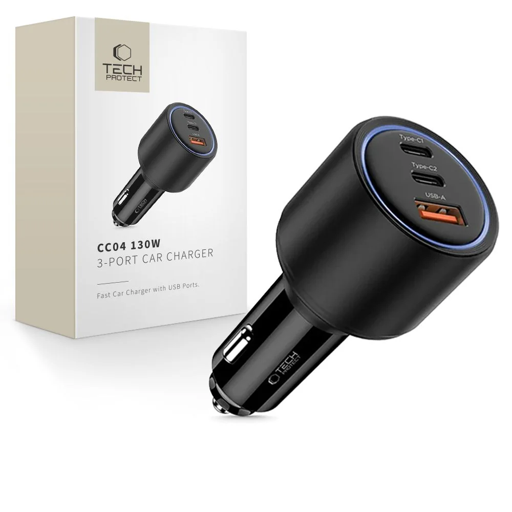 Tech-Protect CC04 autonabíjačka USB / 2x USB-C 130W PD, čierna