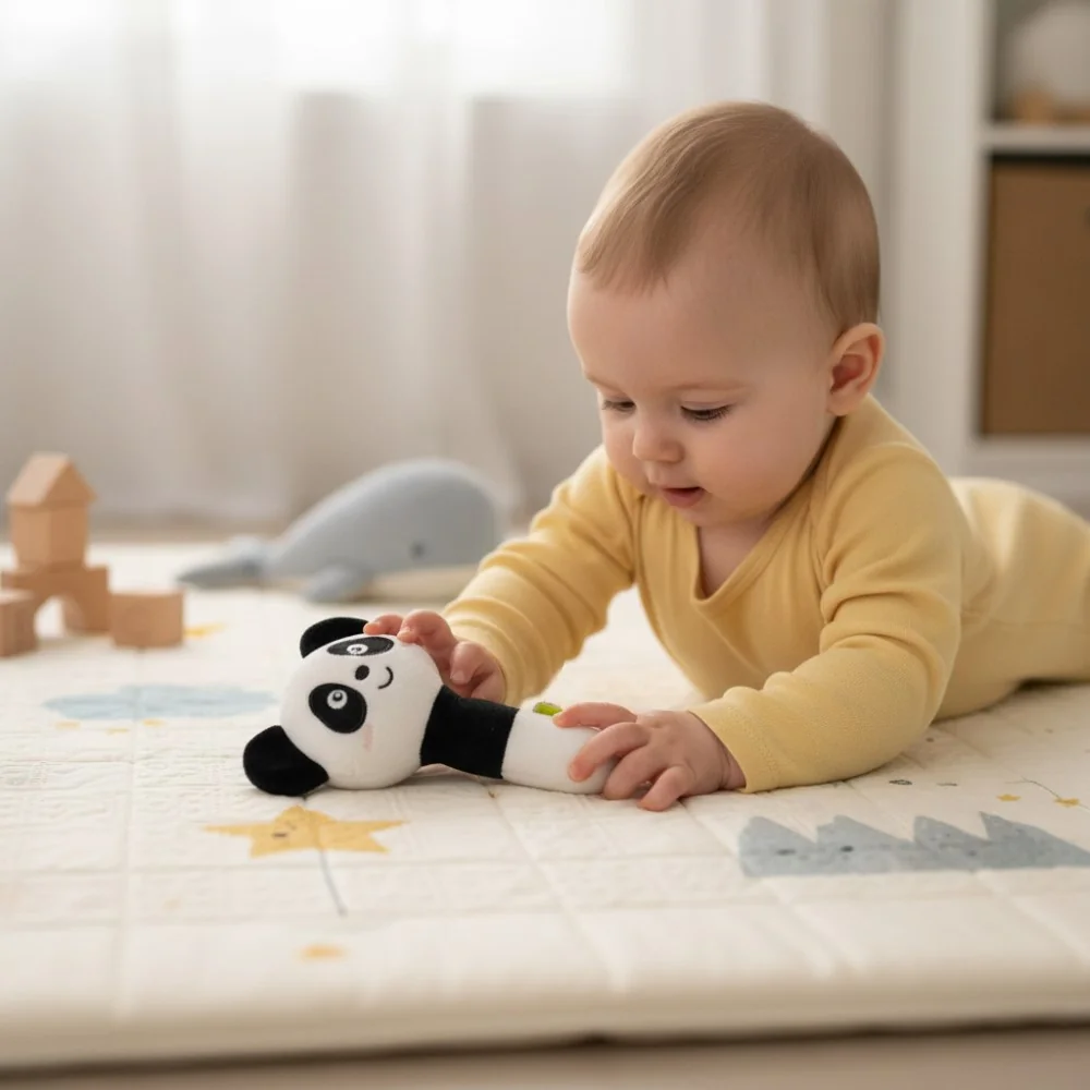 Plyšová senzorická špirála + plyšové pískatko Panda - čierna, biela