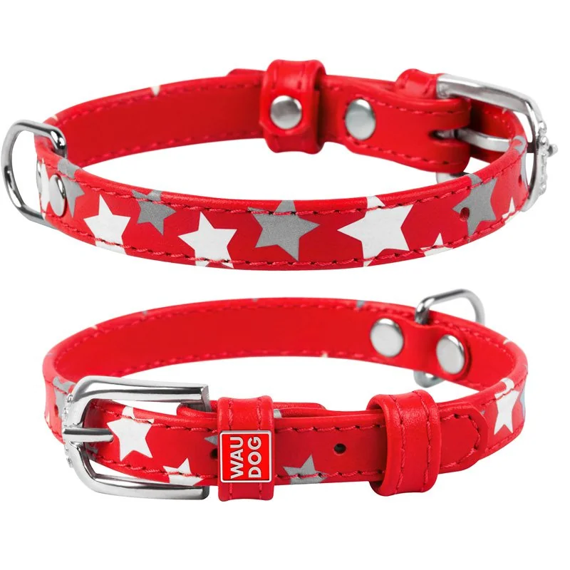 Plochý kožený obojok s hviezdičkami červený svietiaci, Obvod krku: 19-25cm, šírka: 9mm