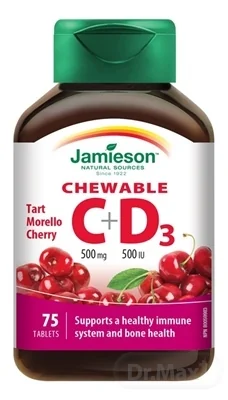 JAMIESON VITAMÍNY C a D3 čerešňa 500 mg/ 500 IU 1×75 tbl, VITAMÍNY C a D3, čerešňa