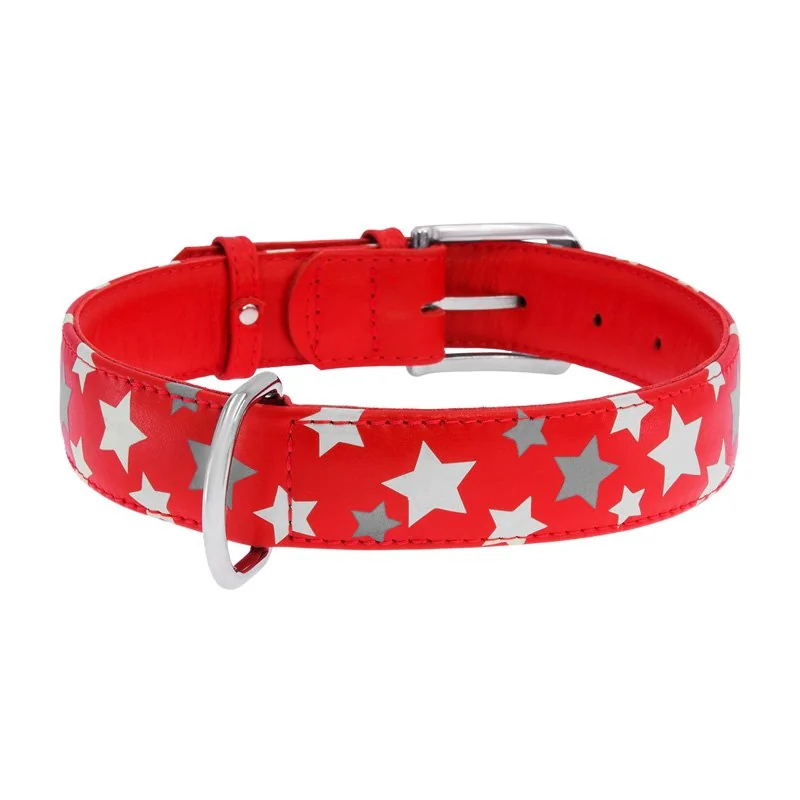Plochý kožený obojok s hviezdičkami červený svietiaci, Obvod krku: 27-36 cm, širka: 15 mm